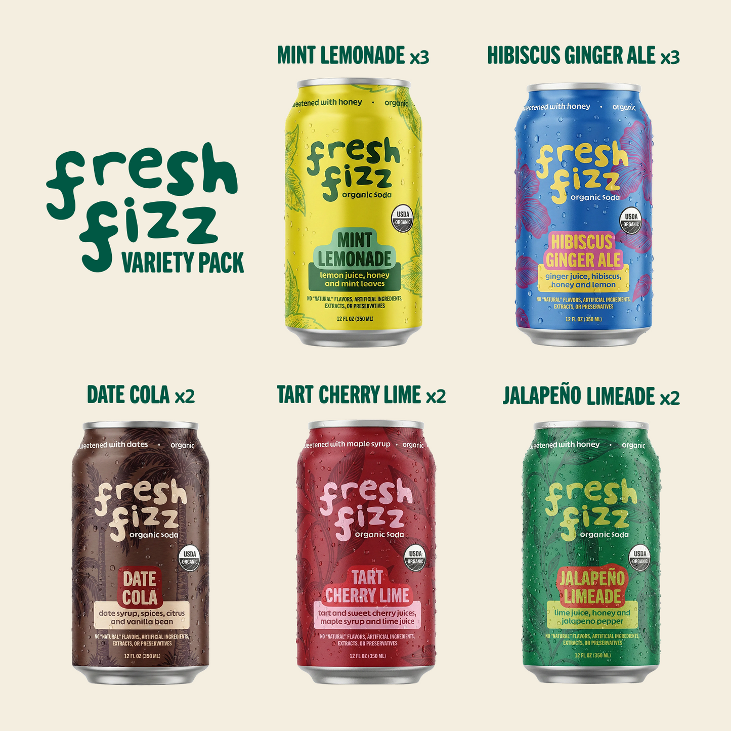Variety Pack - Sparkling Mint Lemonade, Hibiscus Ginger Ale, Sparkling Jalapeño Limeade, Date Cola, Black Cherry