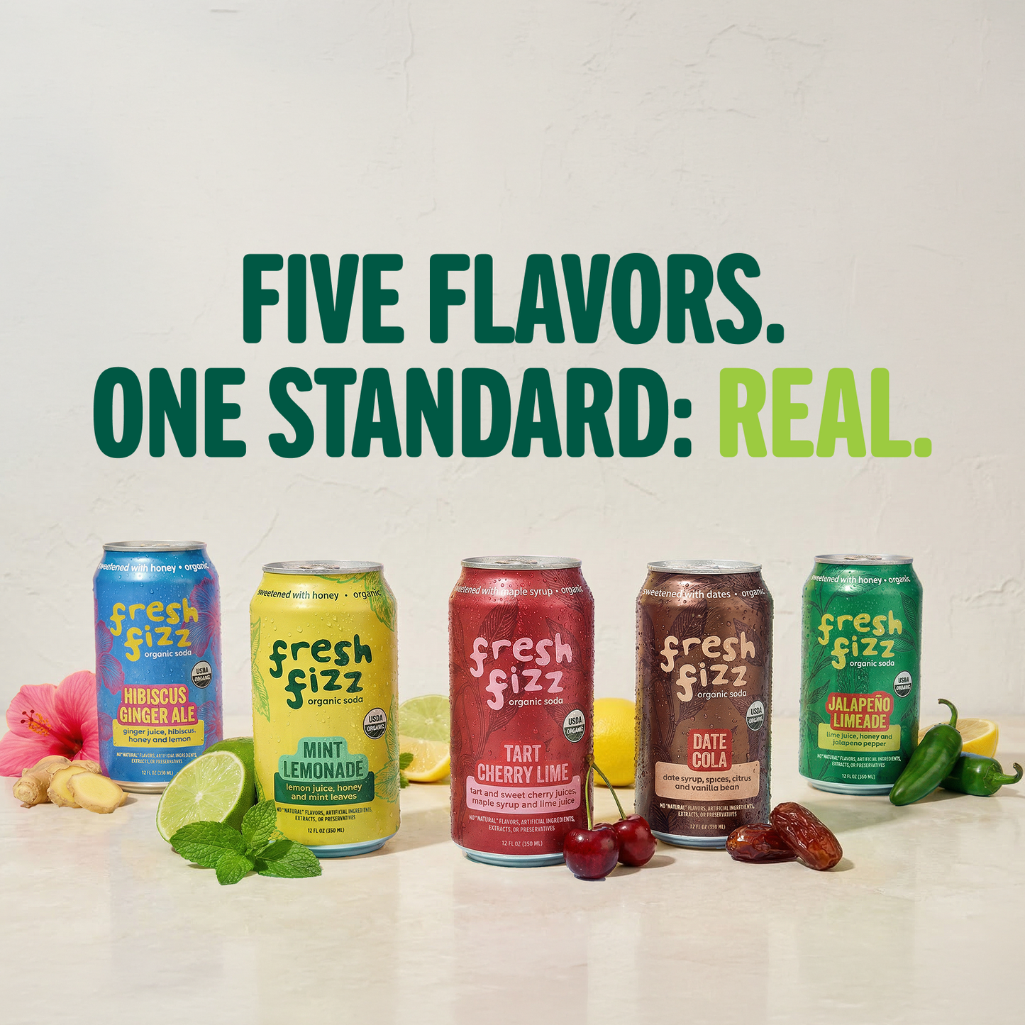 Variety Pack - Sparkling Mint Lemonade, Hibiscus Ginger Ale, Sparkling Jalapeño Limeade, Date Cola, Black Cherry